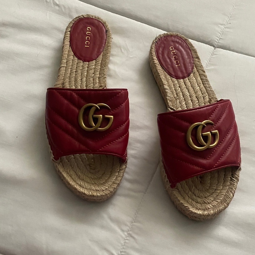 Gucci Red Espadrille Slides with Gold Logo